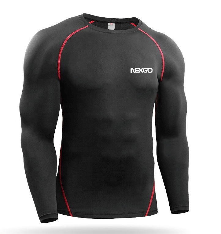 NEXGO Men’s Black Long-Sleeve Compression Shirt with Red Stitching
