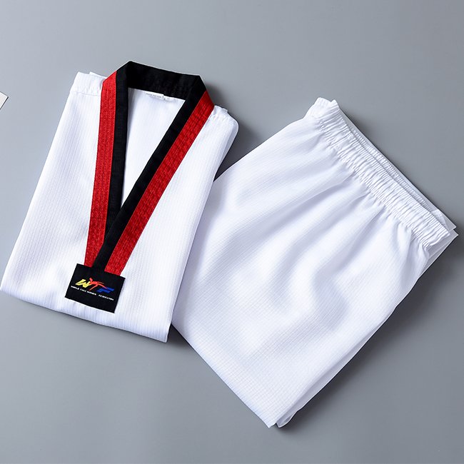 WT Approved Unisex White Taekwondo Uniform with Red & Black V-Neck Collar